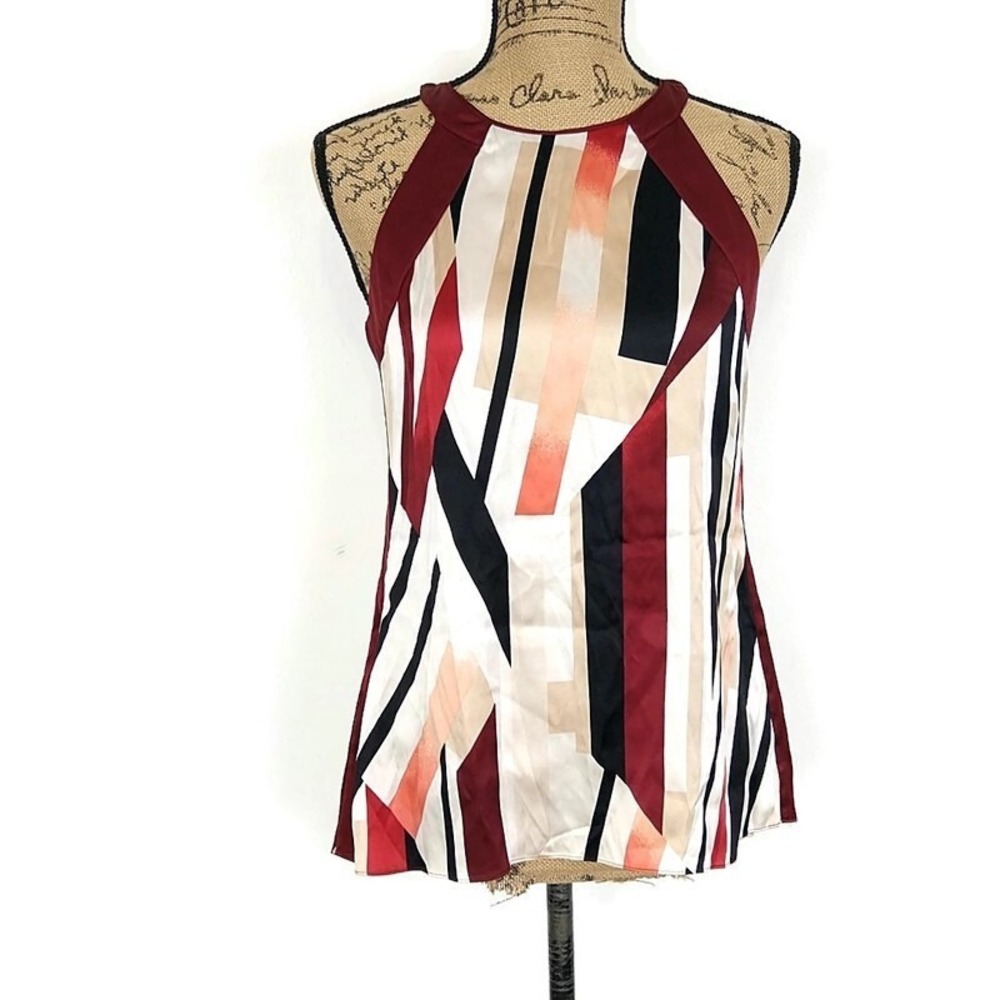 White House Black‎ Market Womens sz 0 Tank Top Red Tan Geometric Silk Keyhole